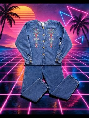 Vintage 90s Alexa Em Embroidered Blue Denim Shirt And Pants Set – Size Small